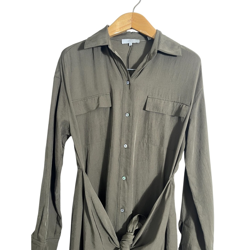 VINCE Olive Green Tie Front Utility Long Sleeve Shirt Dress - Picture 5 of 12